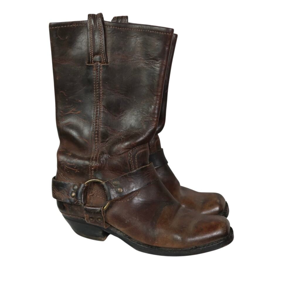 Vintage Frye Harness 12R Dark Brown Leather Moto Western Boots Womens 7